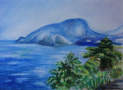 The Blue Mountain in the Sea by Olga Milova, Painting for Sale on Singulart