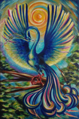 The Blue Bird of Wishes in the Sunlight van Olga Milova, Schilderij te koop op Singulart