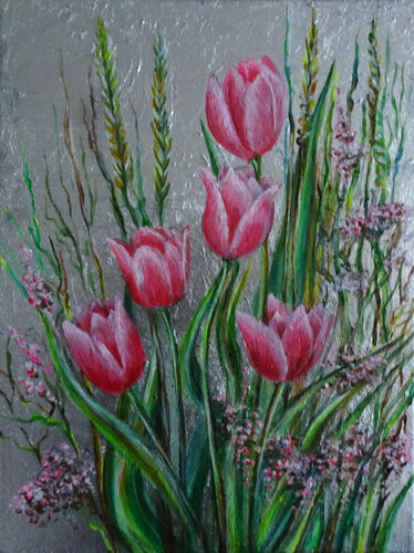 Tulips in Silver Light – Floral Poetry in Pink par Olga Milova, Peinture en vente sur Singulart