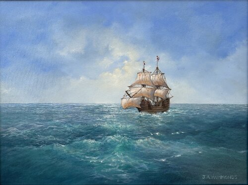 The Mayflower breezing through Favouring Winds von Julie Hammonds, Malerei kaufen auf Singulart