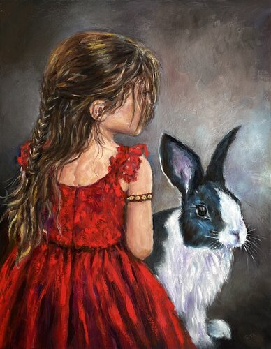 The Girl in Red and Her Rabbit von Rita Hsu, Malerei kaufen auf Singulart