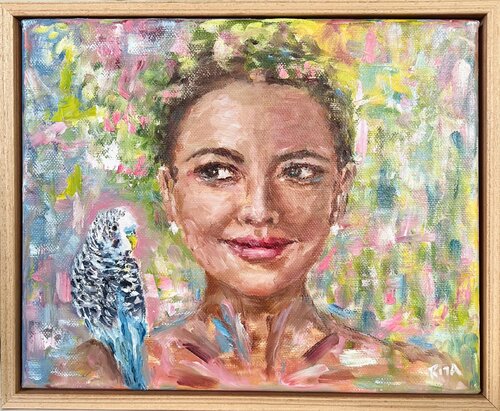 The Girl and Her Budgie di Rita Hsu, Pittura in vendita su Singulart