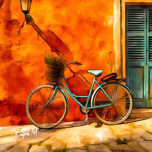 Le Vélo Bleu contre le Mur Ocre di Piétra M (Martine Poli), Digitale in vendita su Singulart