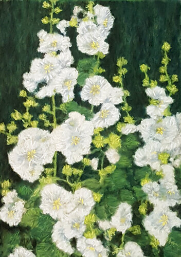 White Hollyhocks van Merrilyn Duzy, Schilderij te koop op Singulart