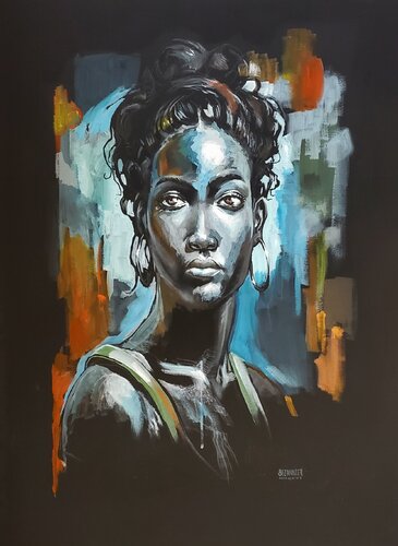 Portrait bleu fond noir van Régis Bezannier, Schilderij te koop op Singulart