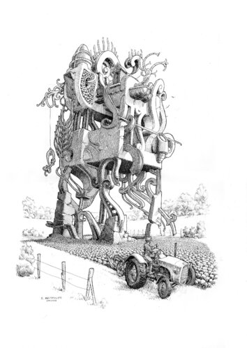Passage d'un concept laborieux par un champ labouré dans les années cinquante. di Régis Bezannier, Disegno in vendita su Singulart
