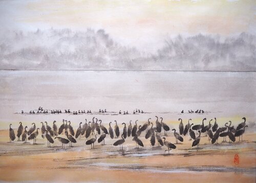 Kraniche am Bodden van Ute Lempp, Werk op papier te koop op Singulart