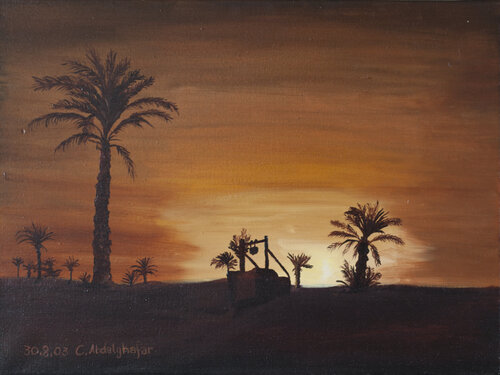 Oase bei Sonnenuntergang di Claudia Luethi alias Abdelghafar, Pittura in vendita su Singulart
