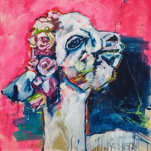 Alpaka mit Blumen de Tina Paulus, Pintura a la venta en Singulart