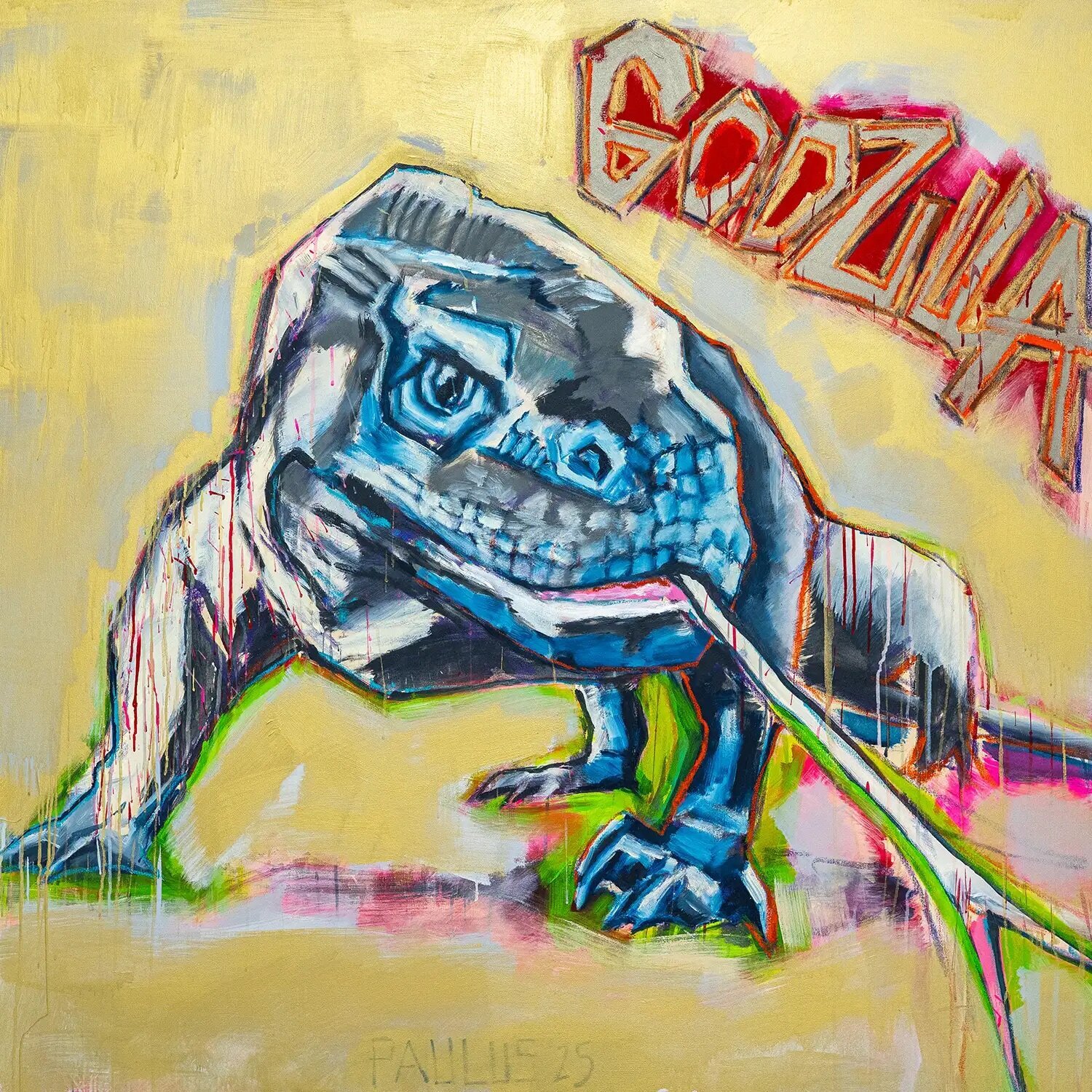 Godzilla von Tina Paulus (2025): Malerei Acryl, Ölkreide auf Leinwand -  Singulart, image size:1500x1500