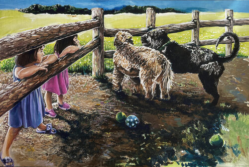 Girls listening to a conversation between dogs van Maria Matic and Amarylismatic, Schilderij te koop op Singulart