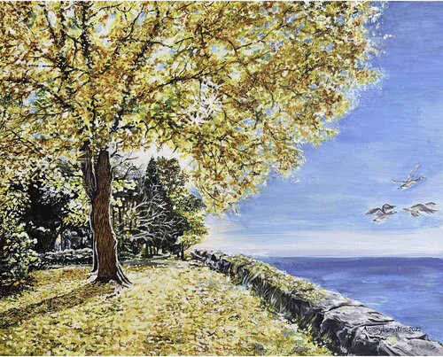 Golden Tree at the Edge of a Tranquil Lake van Maria Matic and Amarylismatic, Schilderij te koop op Singulart