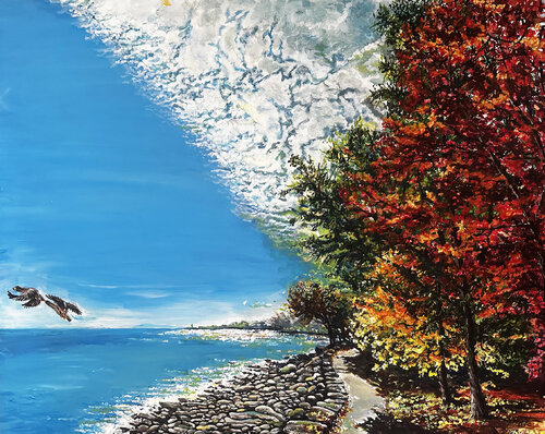 Autumn colors and a blue lake van Maria Matic and Amarylismatic, Schilderij te koop op Singulart