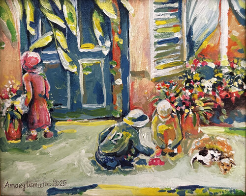 Children are playing in front of the house von Maria Matic and Amarylismatic, Malerei kaufen auf Singulart