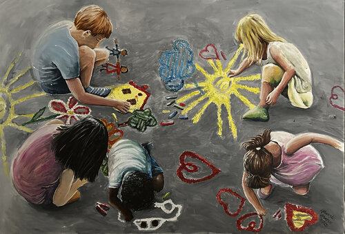 Children are expressing their imaginations on the playground canvas van Maria Matic and Amarylismatic, Schilderij te koop op Singulart