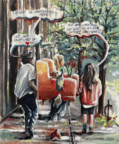 City Life: Carrying and Taking Care of Sofa's Life Memories van Maria Matic and Amarylismatic, Schilderij te koop op Singulart