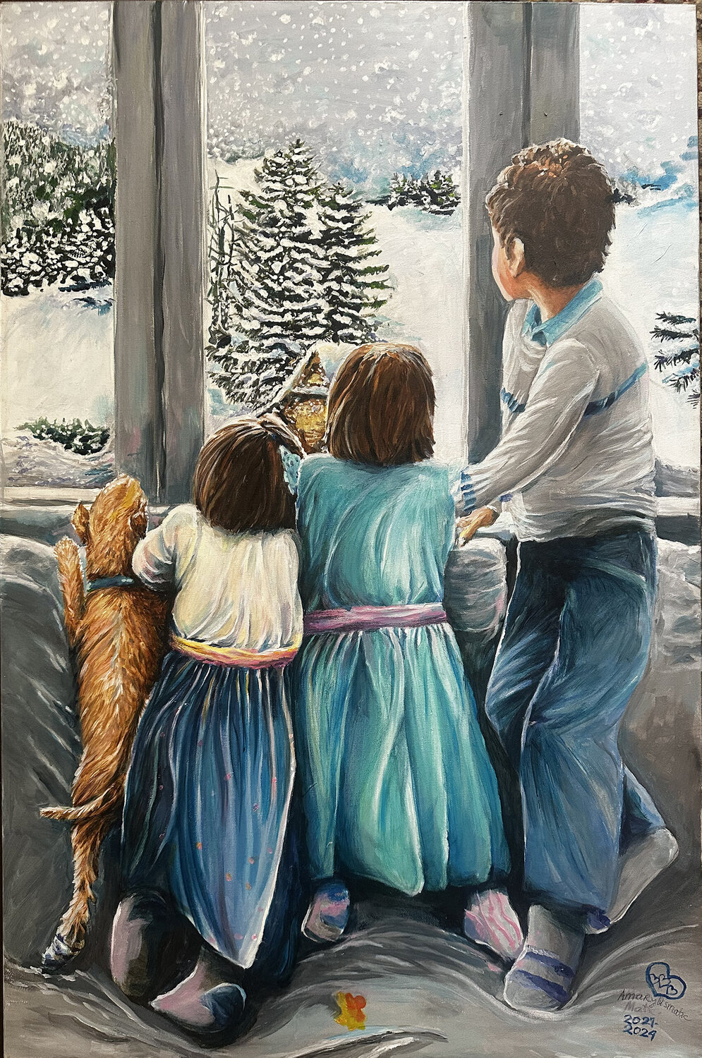 Children Embraced by the Magic of Snowfall Maria Matic and Amarylismatic Dipinto originale in vendita