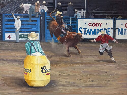Bull riding at the Cody Stampede di Gerald Miles, Pittura in vendita su Singulart
