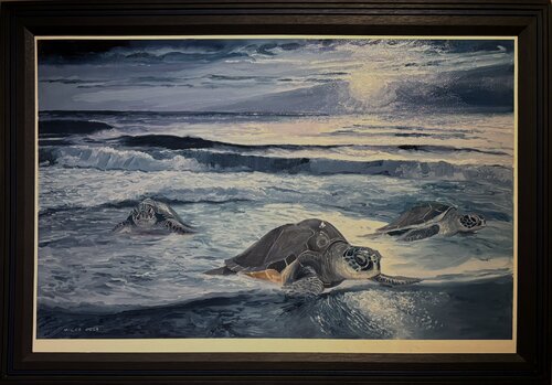 Sea turtles crawling ashore to their nesting sites de Gerald Miles, Pintura a la venta en Singulart