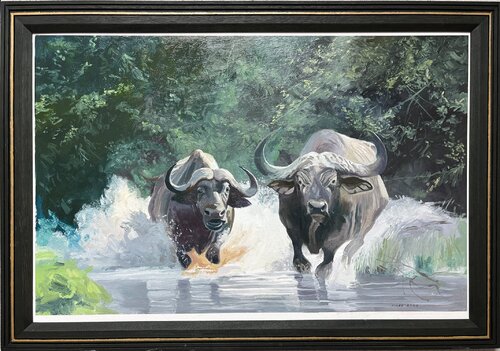 African Buffalos charging von Gerald Miles, Malerei kaufen auf Singulart