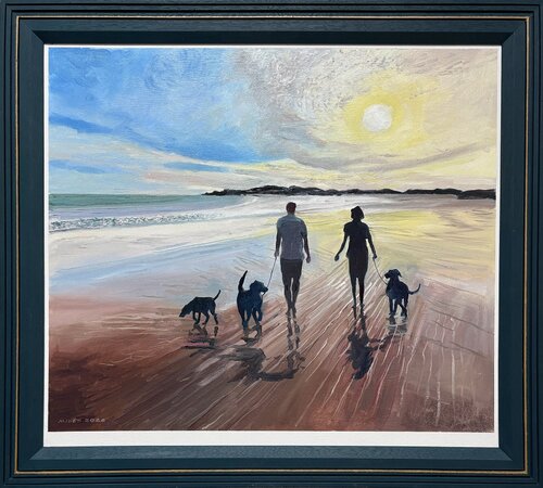 Walking dogs on a sandy beach par Gerald Miles, Peinture en vente sur Singulart