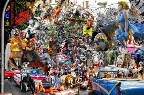 Serie: Cocaína para Isabel la Católica (2025). Título: Sueño del Gran Pescador con los leones de Judá y el Gigante de Sal - formato XL - Pop surrealismo di El Pop surrealista Ortega, Altri media in vendita su Singulart