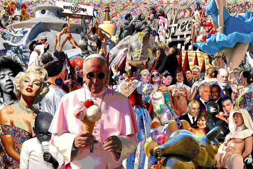 Serie: Cocaína para Isabel la Católica (2025-2026). Título: Utopías de Jeffrey Epstein y Puff Diddy en el Paraíso Perdido  - formato XL - Pop surrealismo by El Pop surrealista Ortega, Other Media for Sale on Singulart