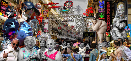 Serie: Cocaína para Isabel la Católica. Sueño irracional de Will Smith con los Señores de la Guerra en tierra de Isabel la Católica - formato XL - Pop surrealismo par El Pop surrealista Ortega, Autres supports en vente sur Singulart