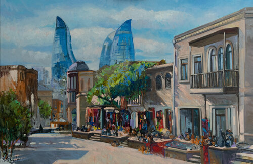 Old Town. View of the Fire Towers. by Nargiz Guliyeva, Painting for Sale on Singulart