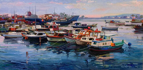 Mediterranean landscape. Boats in the port, moored on buoys van Nargiz Guliyeva, Schilderij te koop op Singulart