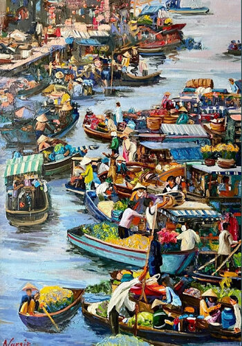 Floating Market (Vietnam) par Nargiz Guliyeva, Peinture en vente sur Singulart