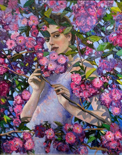 Spring. A girl in cherry blossoms. par Nargiz Guliyeva, Peinture en vente sur Singulart