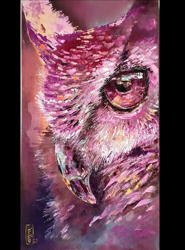 Purple owl by Petko Dzhelebov, Painting for Sale on Singulart