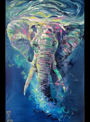 Swimming elephant van Petko Dzhelebov, Schilderij te koop op Singulart