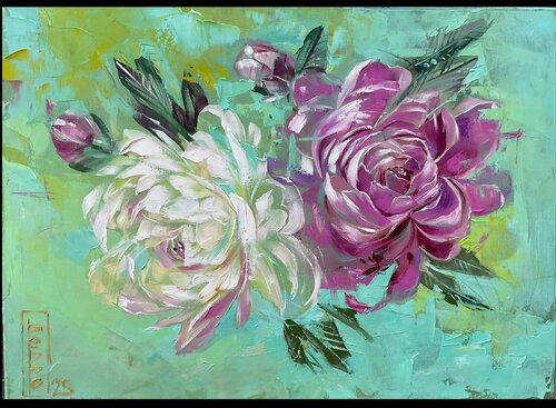 Dancing peony flowers de Petko Dzhelebov, Pintura a la venta en Singulart