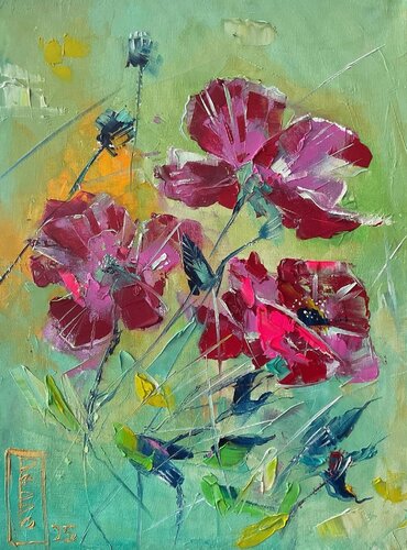 Abstract poppies di Petko Dzhelebov, Pittura in vendita su Singulart