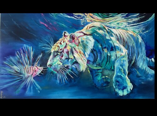 “An unusual meeting, in an unusual place" what is your feeling and first thought when you see my new painting? Love, curiosity, or hunting? by Petko Dzhelebov, Painting for Sale on Singulart