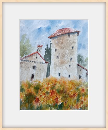 Castello di Ristonchi con girasoli par Sabine Blomqvist, Œuvre sur papier en vente sur Singulart
