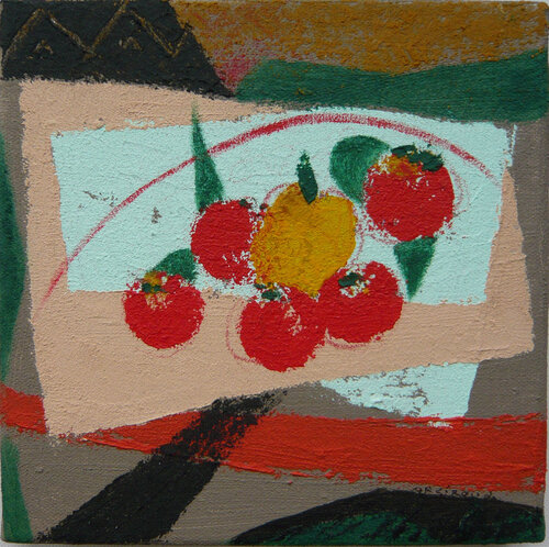 Poivron Jaune et Tomates par Annie-France Giroud, Peinture en vente sur Singulart
