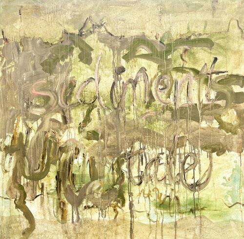 Sediment’s Tale (Text-Based Abstract Painting in Green) de Irene Watson, Pintura a la venta en Singulart