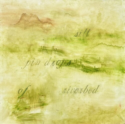 Text-based Abstract Painting in Green: Silt: Pin drops of Riverbed Irene Watson