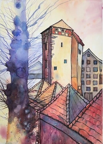 Stockturm der alten Nienburg van Vera Fischer, Schilderij te koop op Singulart