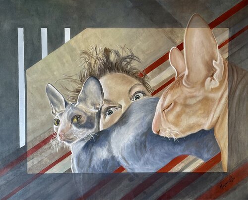 Surprised by the Camera flash with her precious cats par Margarita Sprecher, Peinture en vente sur Singulart