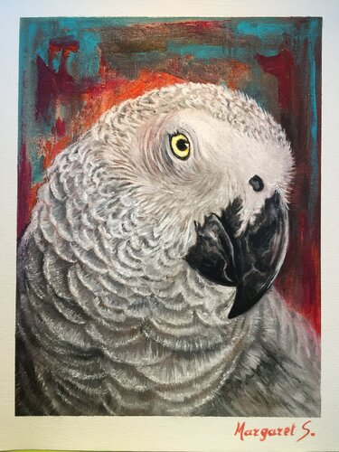 Portrait of our African Grey Parrot called Jacky. par Margarita Sprecher, Peinture en vente sur Singulart