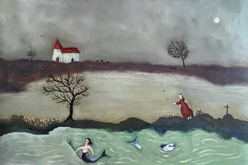 1995 022 HP.   Le poisson amoureux de la femme poisson di Franck Beroard, Pittura in vendita su Singulart