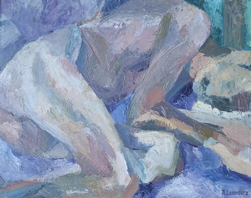 Nude model lying on a purple textile di @asaleanderz Leanderz, Pittura in vendita su Singulart