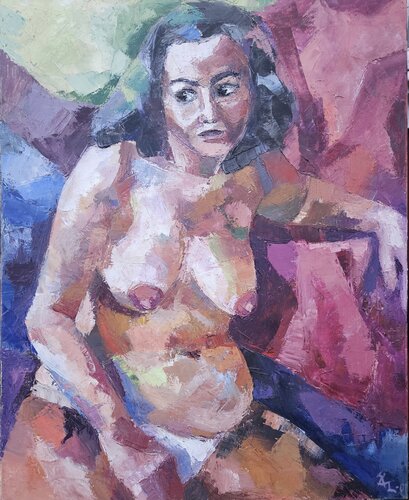 Nude model sitting on a chair watching on the right di @asaleanderz Leanderz, Pittura in vendita su Singulart