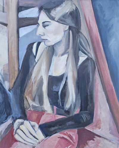 Model in the fauteuil with clasped hands di @asaleanderz Leanderz, Pittura in vendita su Singulart