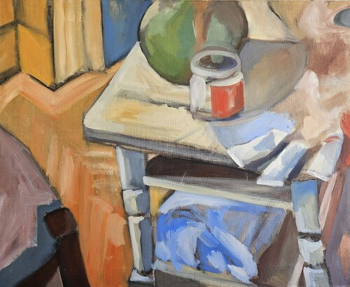 Table with paint tubes di @asaleanderz Leanderz, Pittura in vendita su Singulart