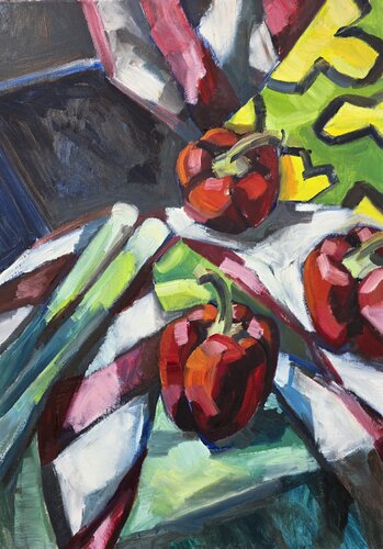Bellpepper and leek on textiles par @asaleanderz Leanderz, Peinture en vente sur Singulart